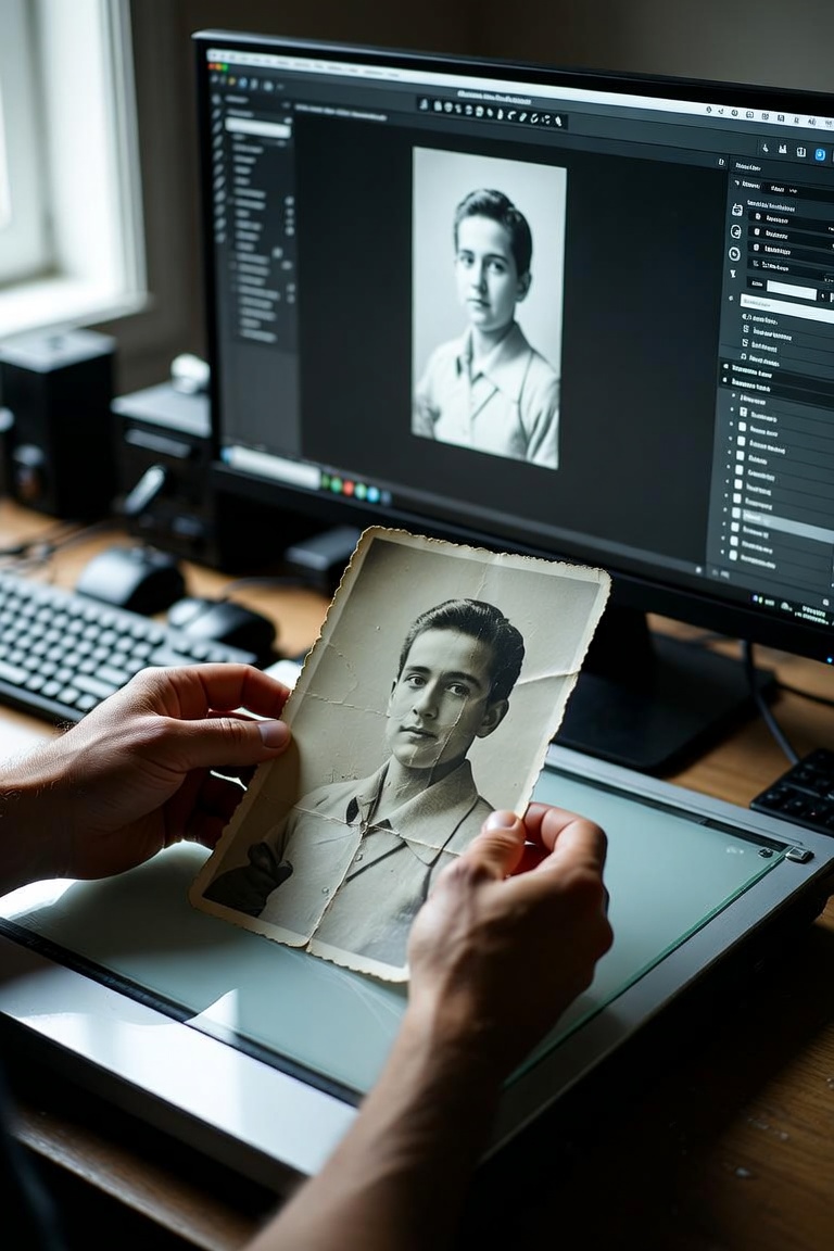 Hands holding an antique family portrait above a scanner, with a digital version on a nearby screen